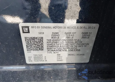 2020 Chevrolet Equinox Awd Ls из США, поврежденный, VIN 3GNAXSEV5LS563355